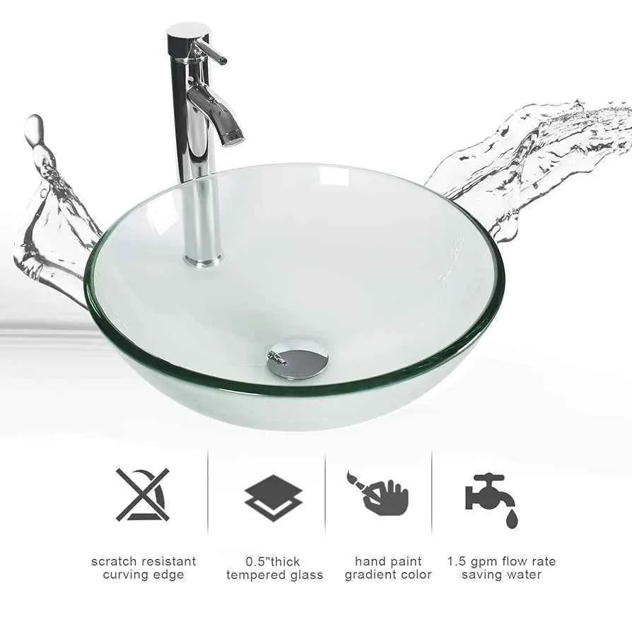 16.5" Bathroom Vessel Sink Clear Tempered Glass image indicator(2)
