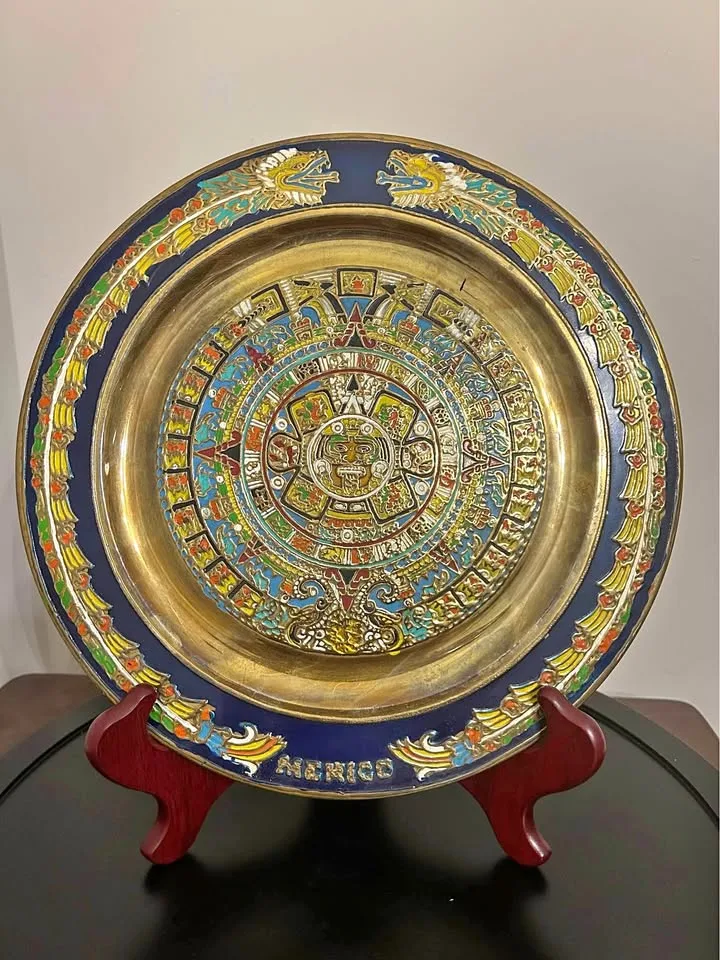 Vintage Mexican Brass & Enamel Aztec Calendar Plate 11” thumbnail