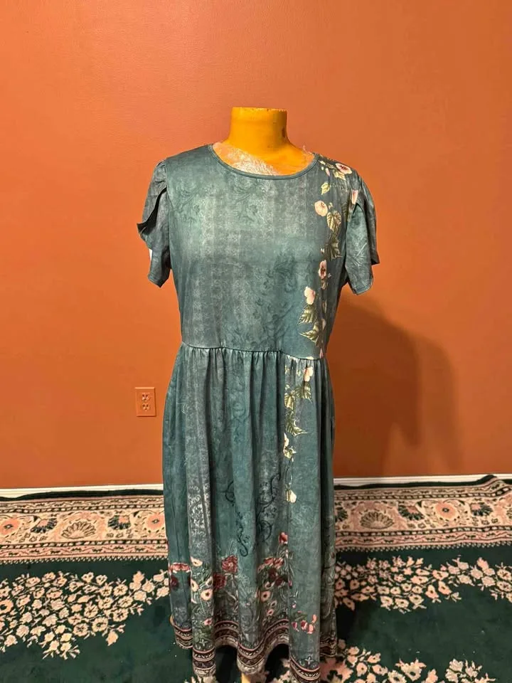 🎃 Brand New Size L – Teal Floral Midi Dress 🌿✨ thumbnail
