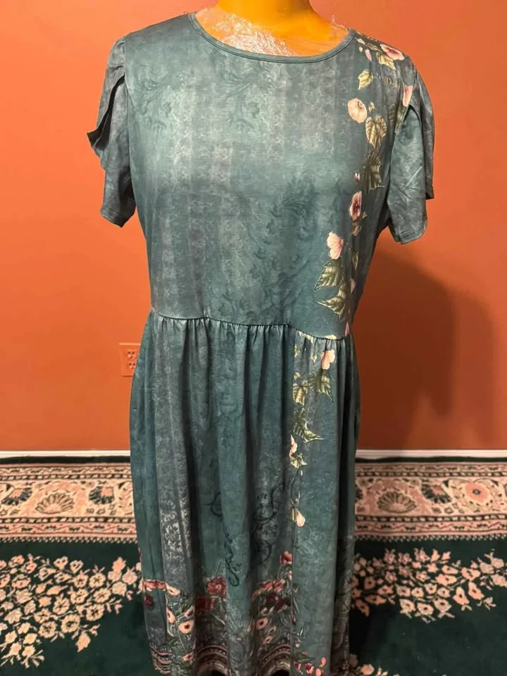 🎃 Brand New Size L – Teal Floral Midi Dress 🌿✨ image indicator(2)