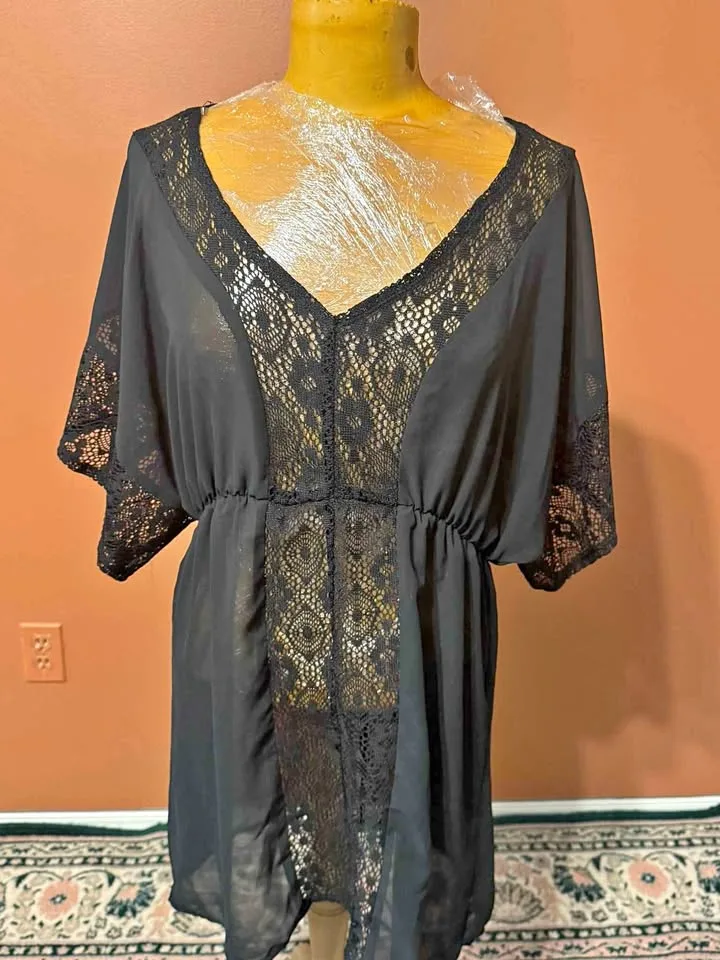 🎃 Brand New Size L – Sheer Black Cover-Up with Lace Detail 🖤✨ thumbnail