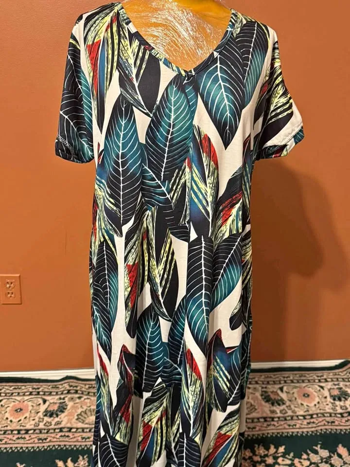 🎃 Brand New Size XL – Tropical Leaf Print Short Sleeve Dress 🌴💚 thumbnail
