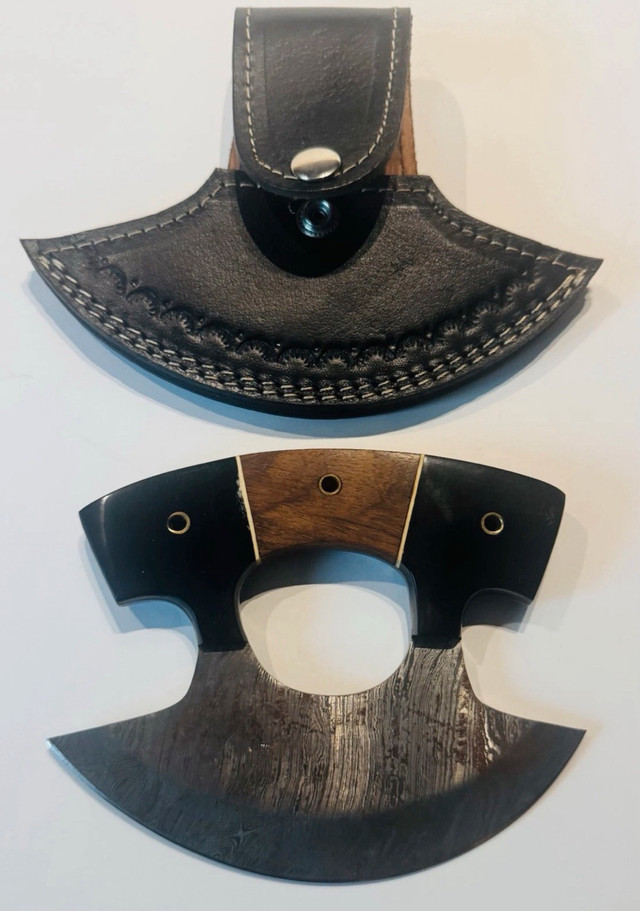 Ulu Knife Damascus Steel with Leather Sheath Camping