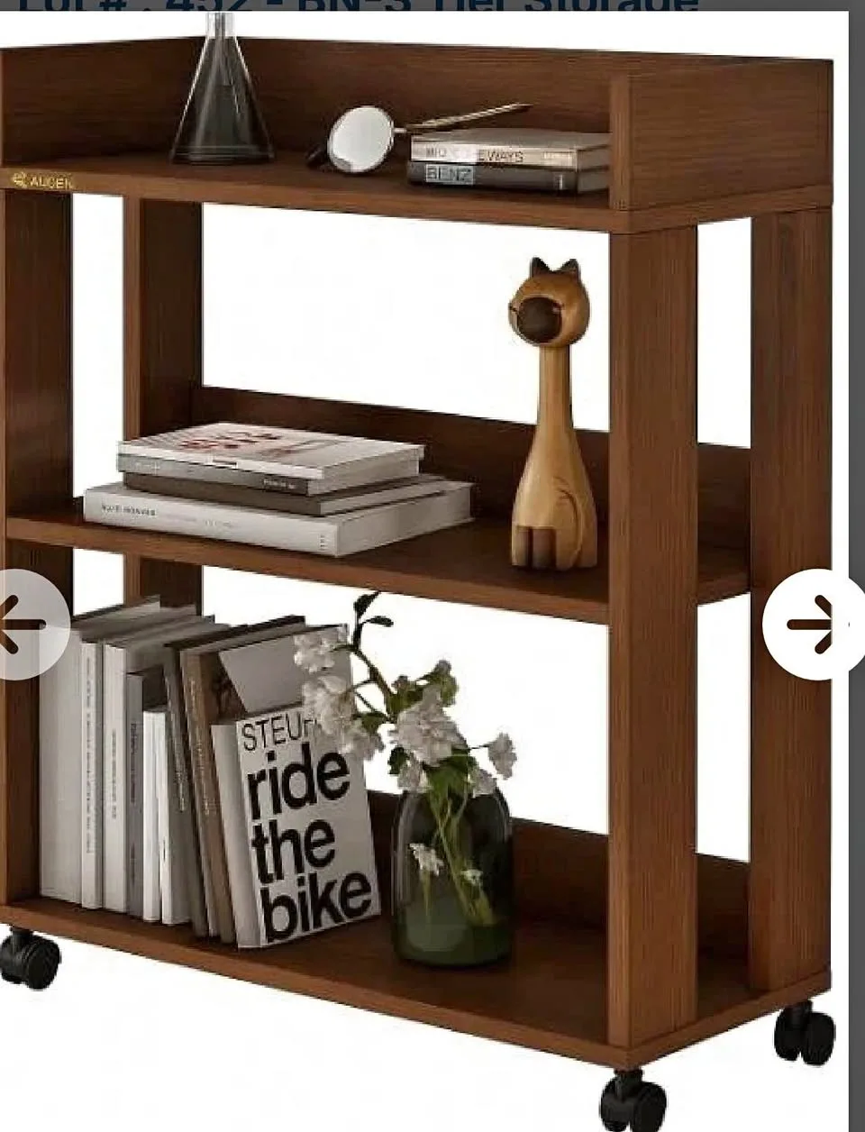 New 3 tier brown storage shelf book organizer with wheels thumbnail
