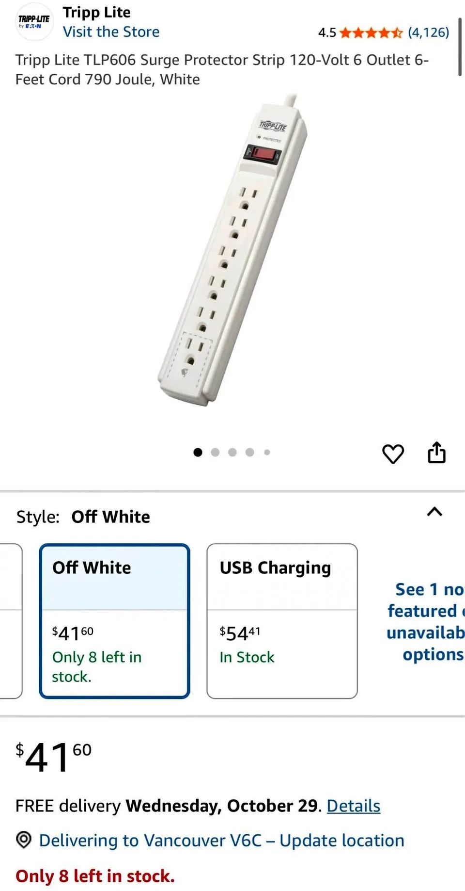 Tripp Lite Surge Protector Strip 6 Outlet 6-Feet Cord White thumbnail