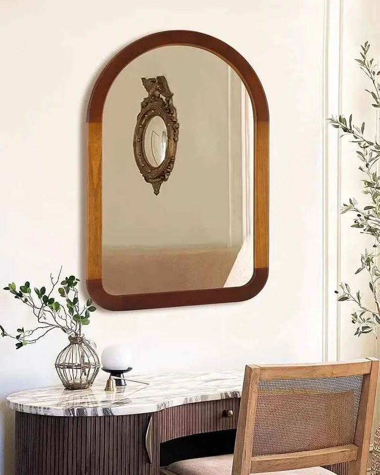 Arched Mirror 30×22 Inch, Brown Wood Rustic Bathroom Mirror image indicator(2)
