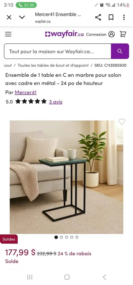 Marble C-Shaped Table with Metal Frame - 24" H image indicator(3)