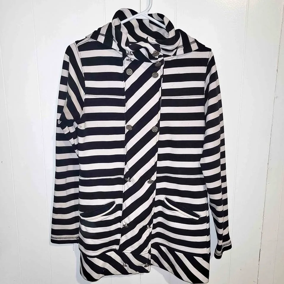 Women's black and white striped zip up hoodie. Size medium thumbnail