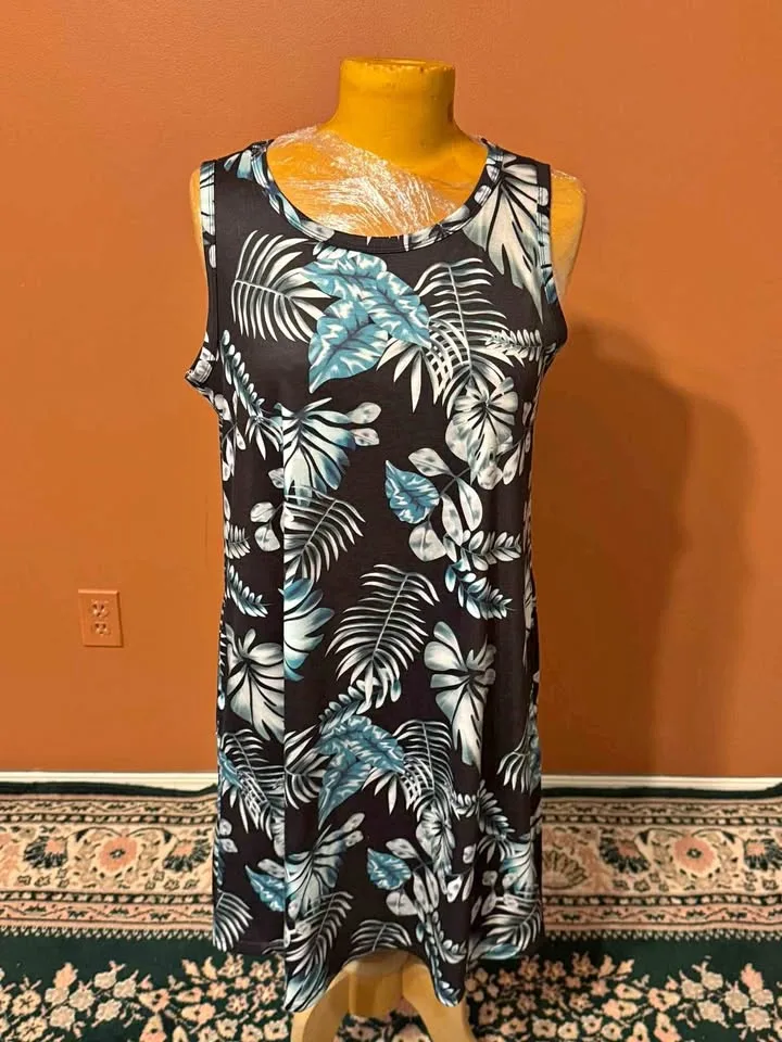 🎃 Brand New Size L – Tropical Leaf Print Sleeveless Dress 🌿💙 thumbnail