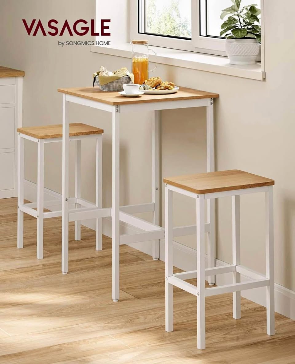 VASAGLE Bar Table & Chairs Set (Golden Oak & Cloud White)