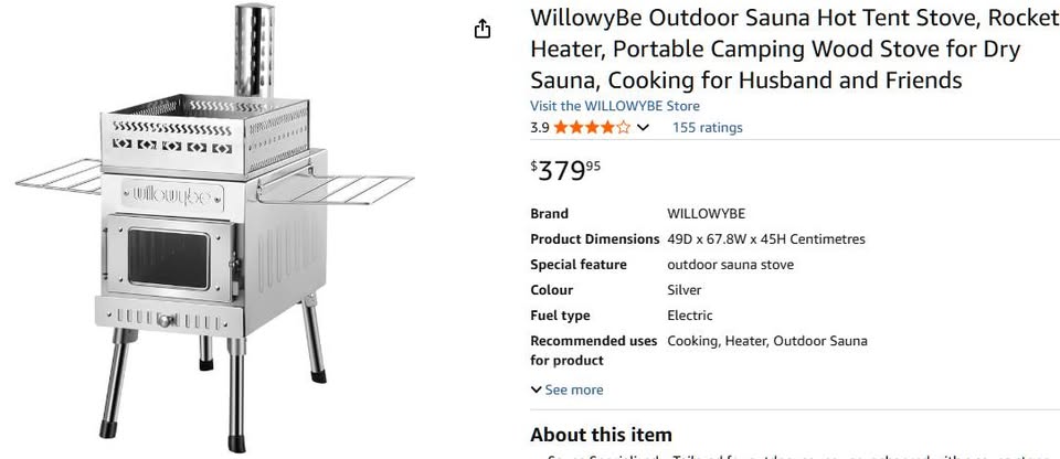 WillowyBe outdoor sauna, hot tent stove , rocket heater