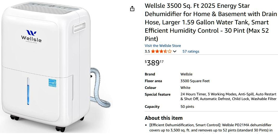 Wellsle 3500 sq. ft Dehumidifier energy star