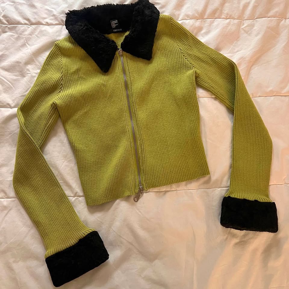 Grinch green sweater with black faux fur accents