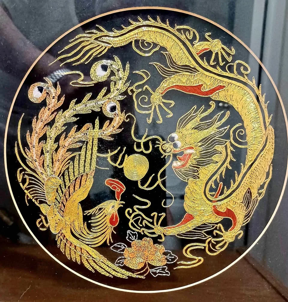 Chinese Silk Embroidery Golden Dragons Wall Frame thumbnail
