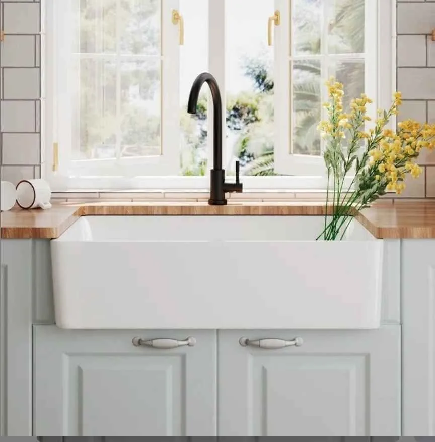 33"x20" White Fireclay Kitchen Sink With Strainer image indicator(4)