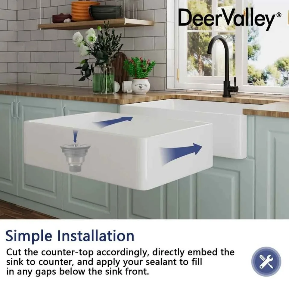 33"x20" White Fireclay Kitchen Sink With Strainer image indicator(8)