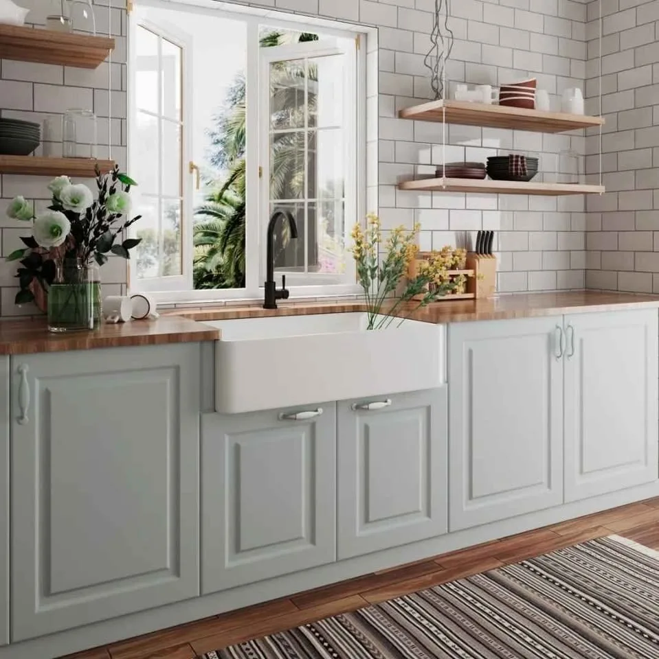 33"x20" White Fireclay Kitchen Sink With Strainer image indicator(10)