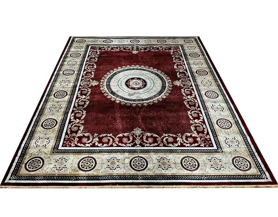 7x10 Burgundy Gold Cream Oriental Hand Knotted Area Rug thumbnail