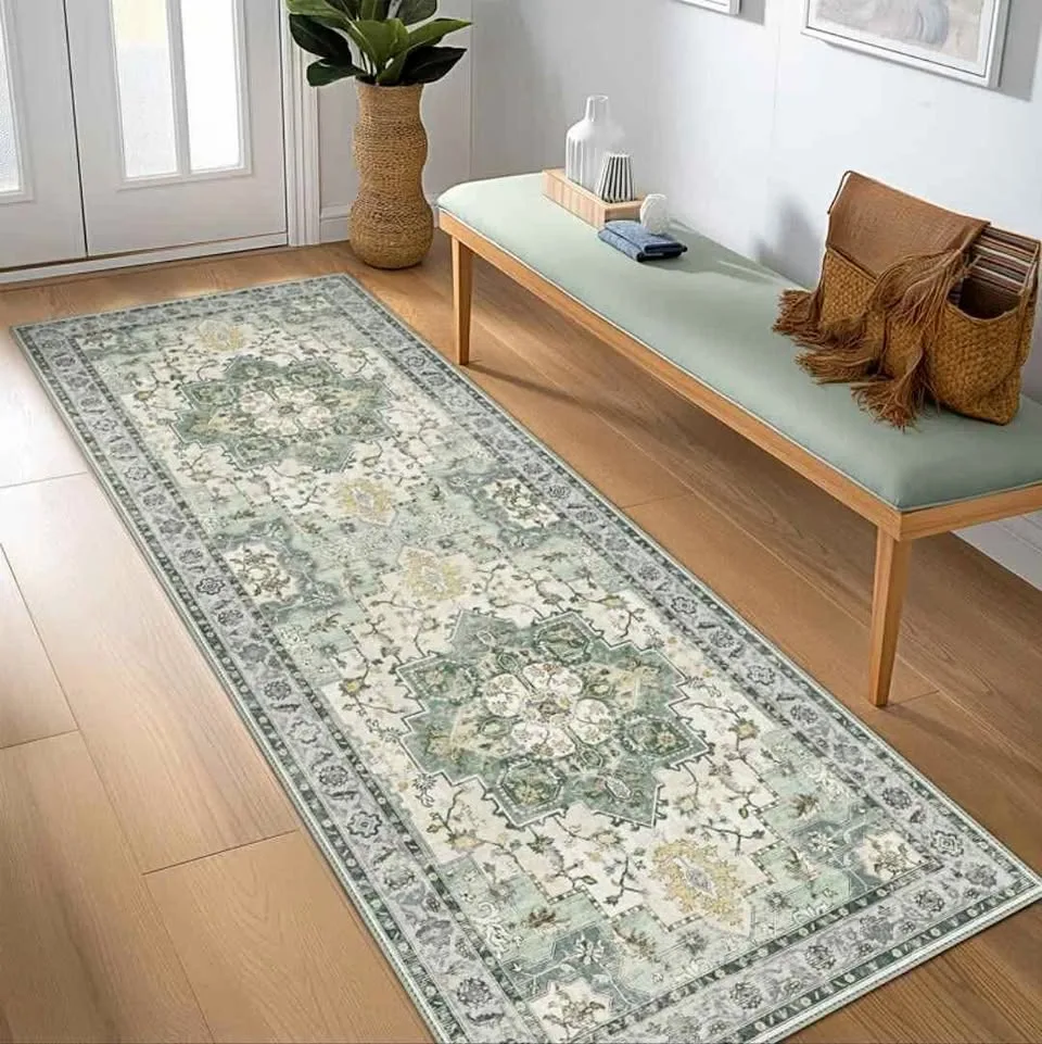 2x7 Green Ivory Oriental Machine Washable Runner Rug thumbnail