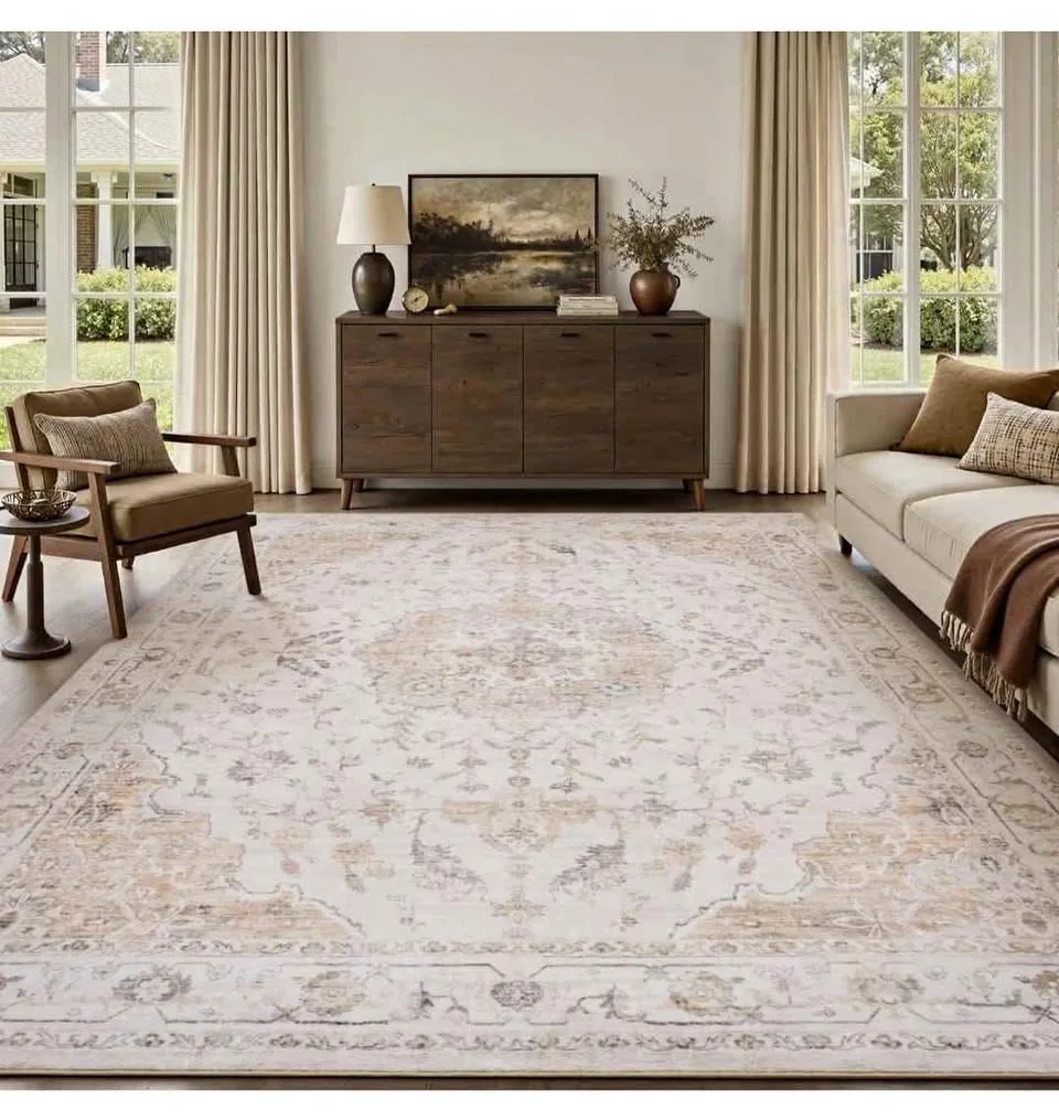 9x12 Ft Beige Washable Area Rug