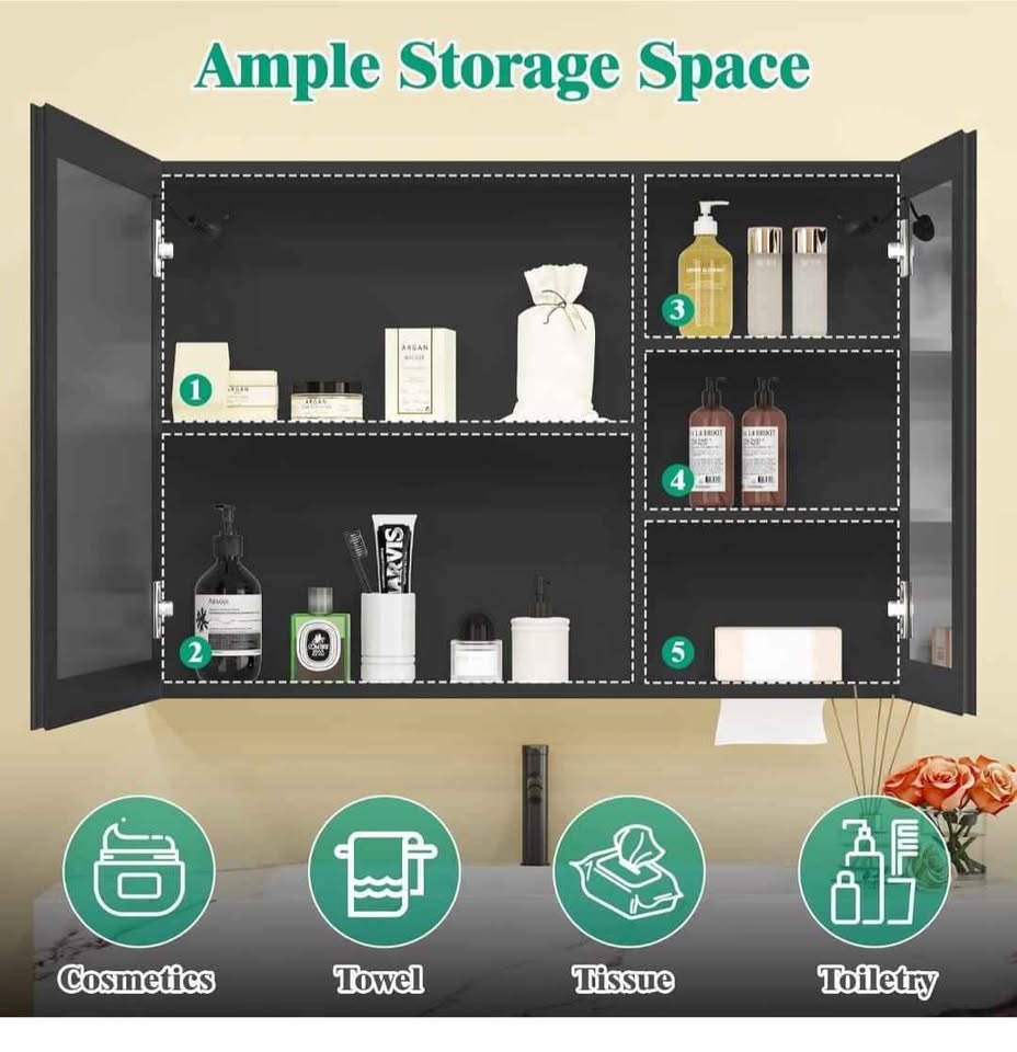 LED Lighted Medicine Cabinet, 80x60 cm, Anti-Fog, Black (New) - photo 3