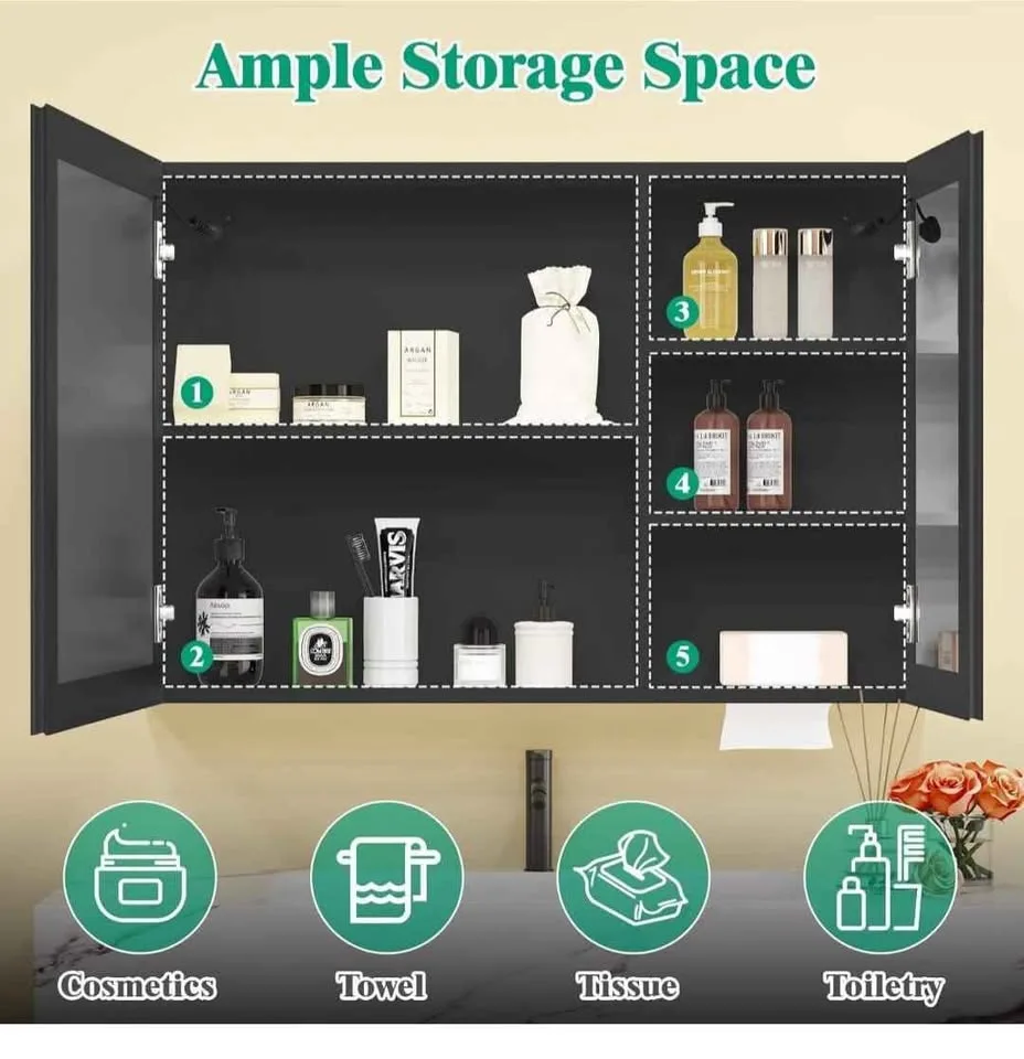 LED Lighted Medicine Cabinet, 80x60 cm, Anti-Fog, Black (New) image indicator(3)