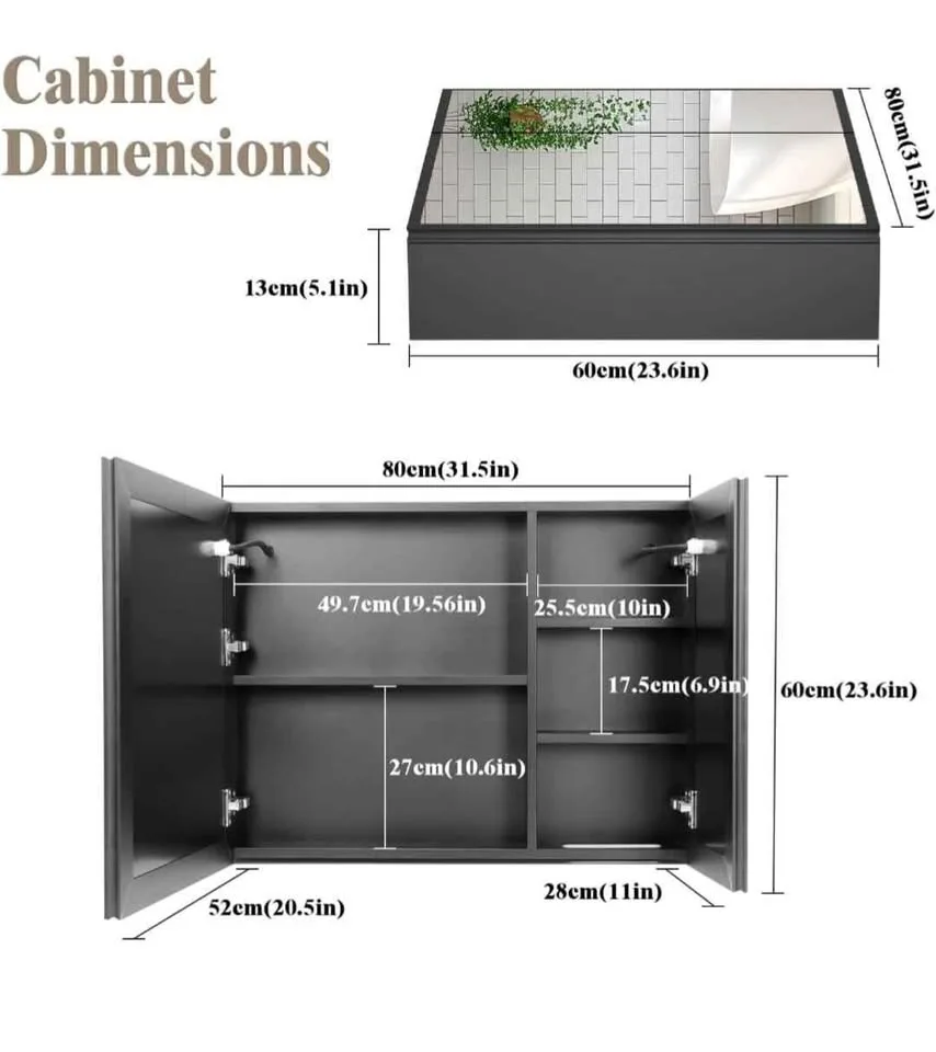 LED Lighted Medicine Cabinet, 80x60 cm, Anti-Fog, Black (New) image indicator(5)