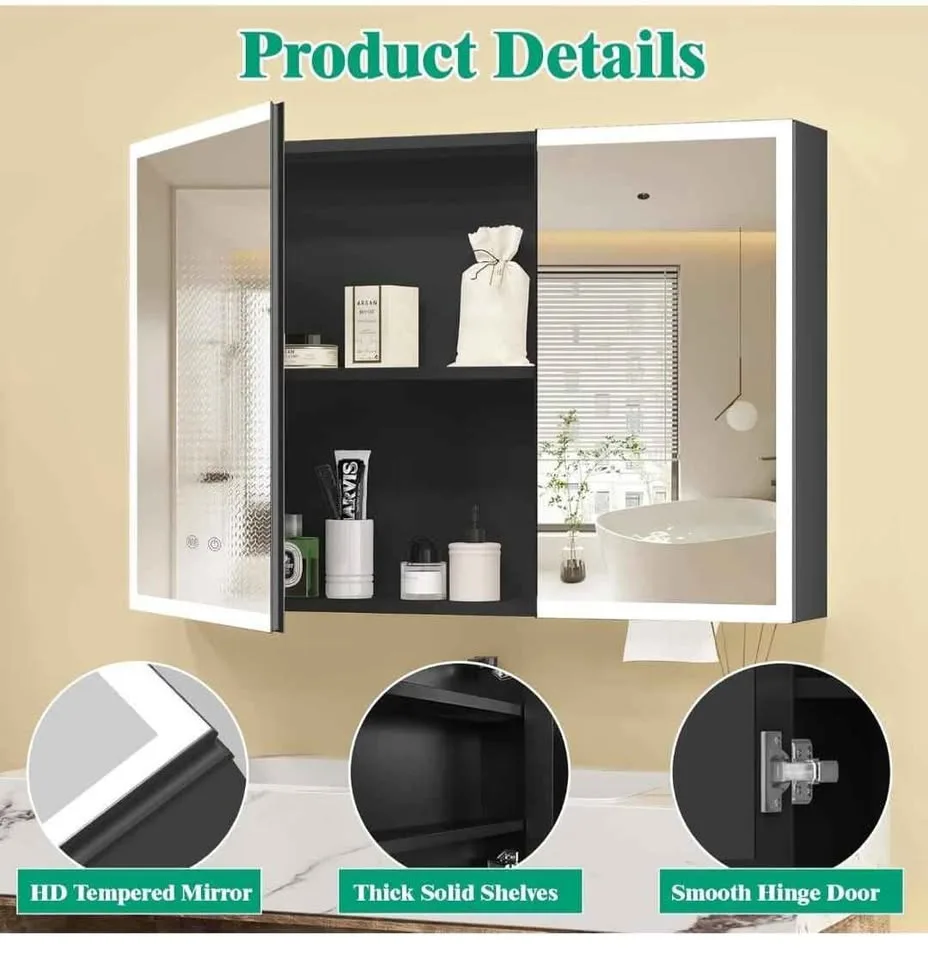 LED Lighted Medicine Cabinet, 80x60 cm, Anti-Fog, Black (New) image indicator(7)