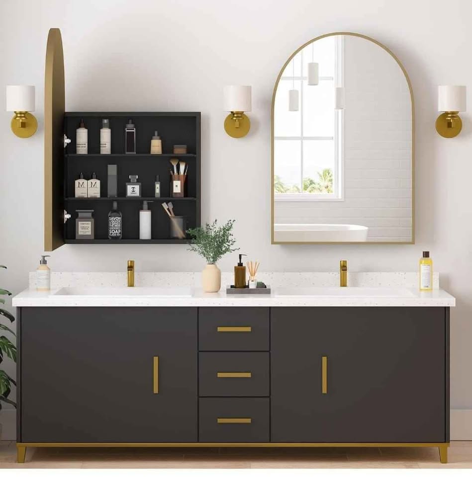 Brand New 20x30" Arched Medicine Cabinet – Brushed Gold - photo 3