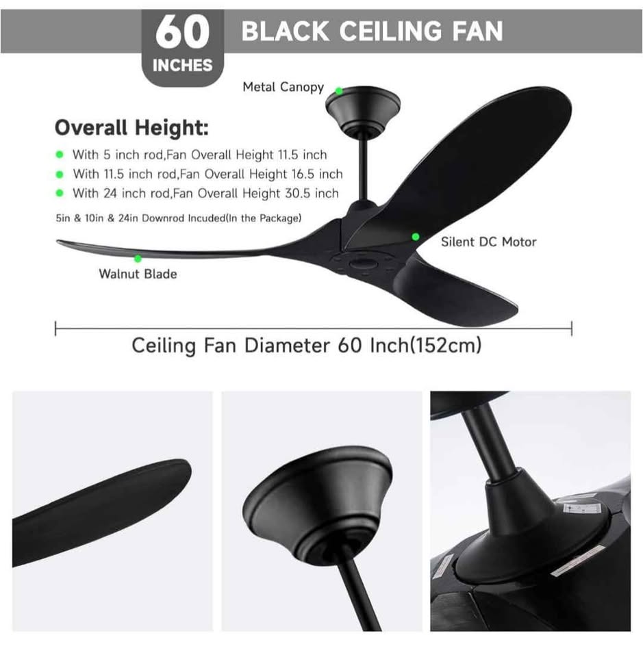 60" Black Outdoor Ceiling Fan with Remote (New) - photo 2