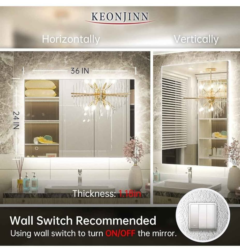 Keonjinn Backlit Mirror 24 x 36 Inch LED Bathroom Mirror - photo 5