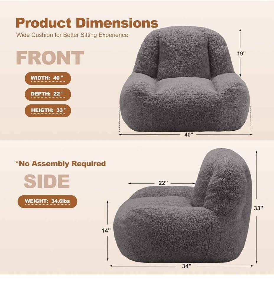 Sherpa Bean Bag Chair – Comfy Lazy Sofa with High-Density Foam - photo 2