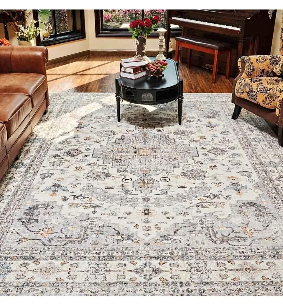 Brand New 9x12 Vintage Grey & Blue Washable Area Rug