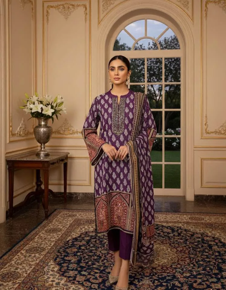 Beautiful 3 Pcs purple pakistani suit image indicator(2)