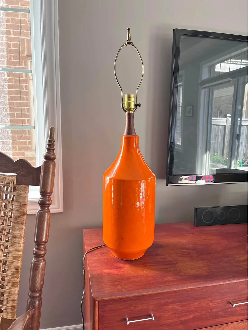 Mid century modern - large orange lamp with teak wood