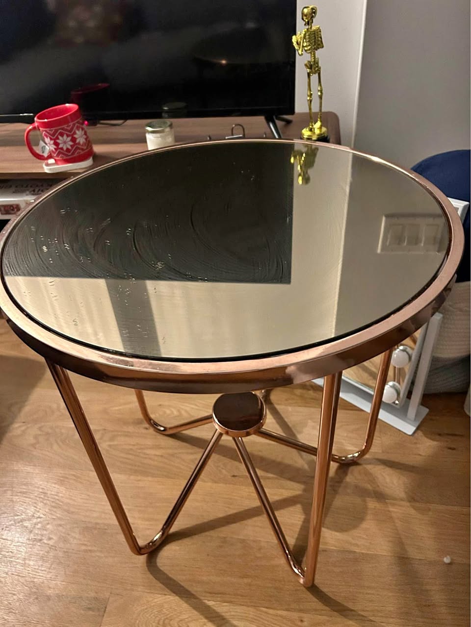Rose Gold Round Glass Table - MUST GO BY 11/2