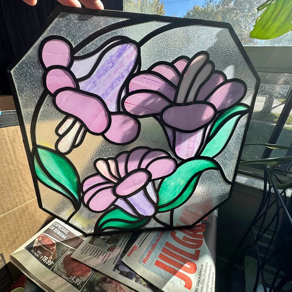 ✨ Vintage Handmade Stained Glass Floral Panel