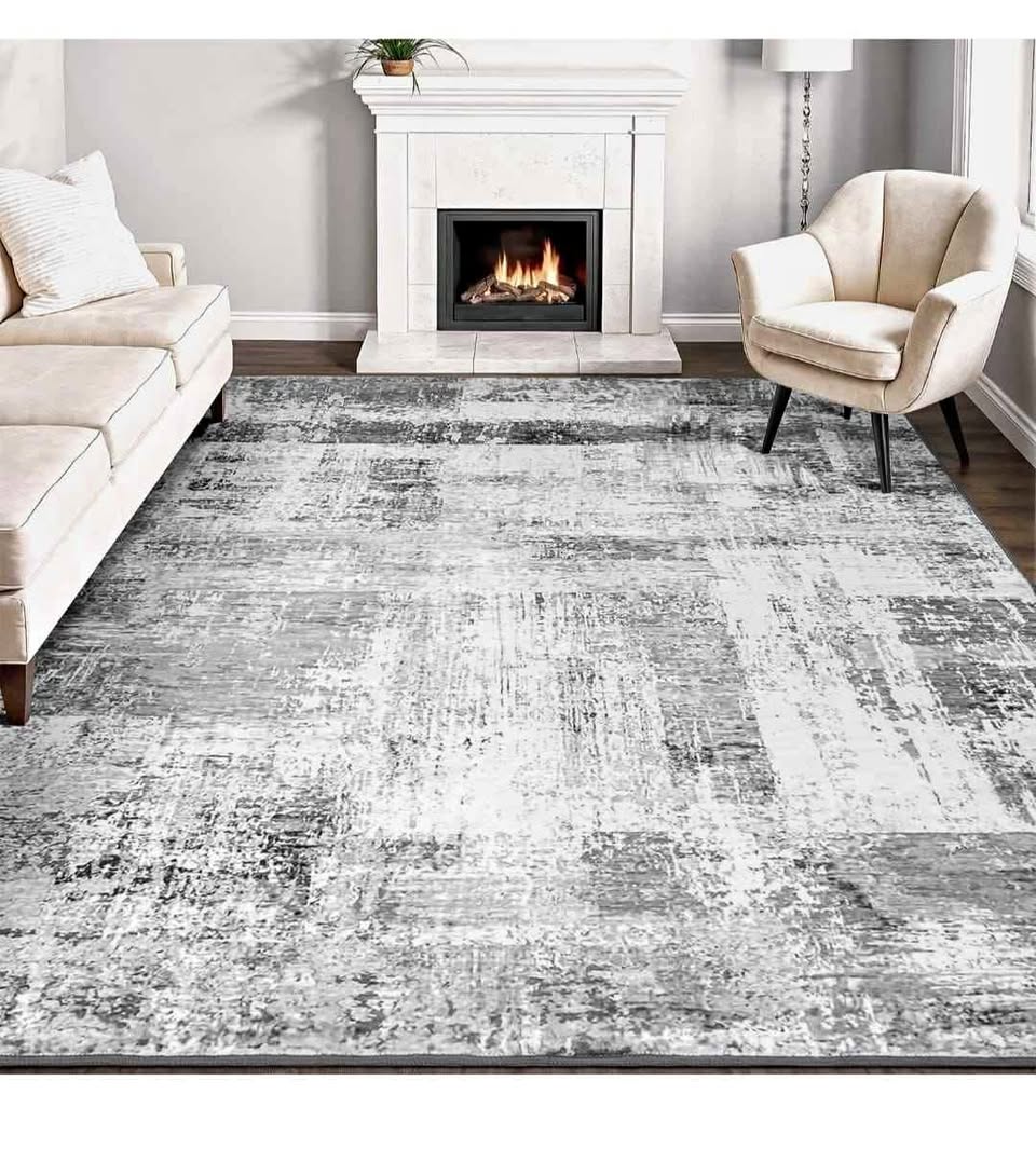 New 9x12 Low Pile Abstract Washable and Non-Slip Area Rug, Grey
