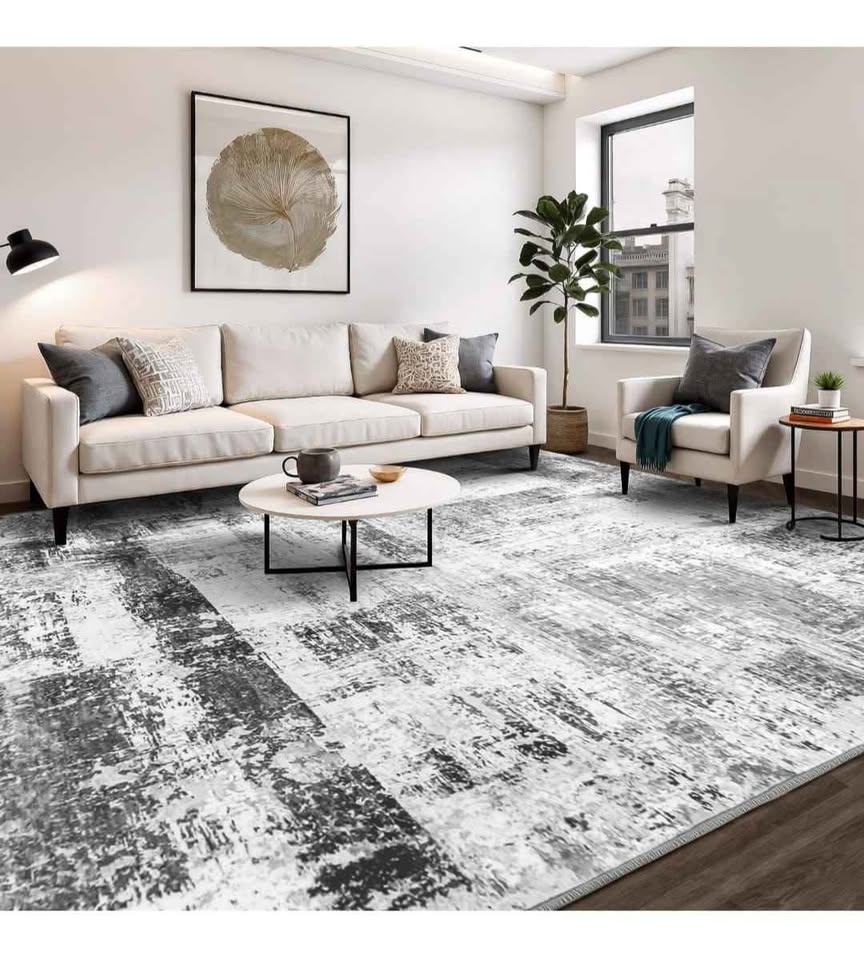 New 9x12 Low Pile Abstract Washable and Non-Slip Area Rug, Grey - photo 4
