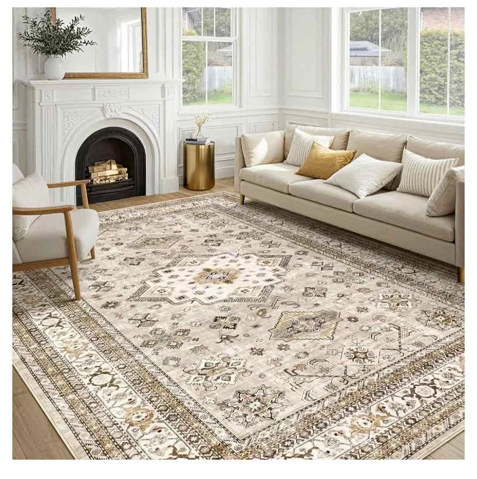 9'x12' Oriental Style Distressed Area Rug - Washable, Beige