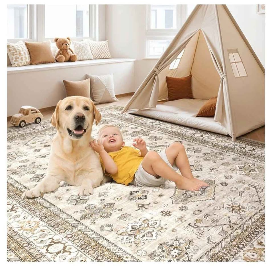 9'x12' Oriental Style Distressed Area Rug - Washable, Beige - photo 3