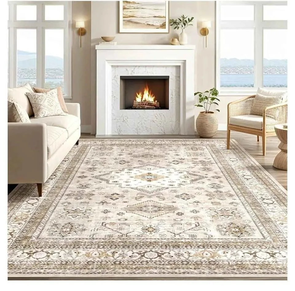 9'x12' Oriental Style Distressed Area Rug - Washable, Beige image indicator(4)