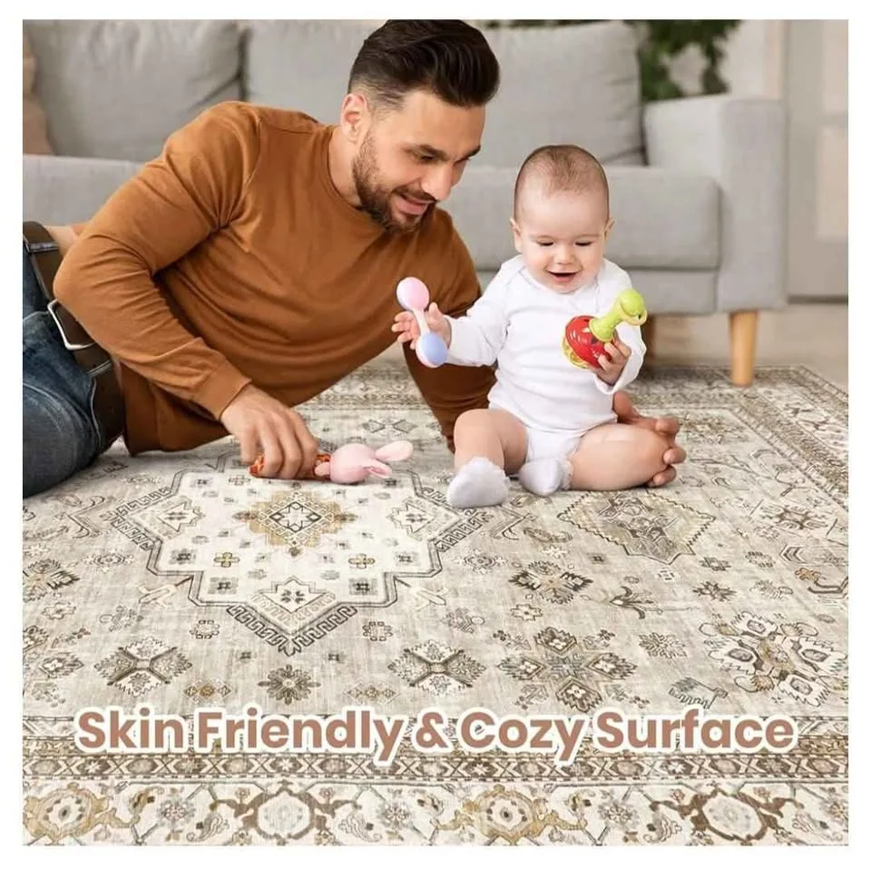 9'x12' Oriental Style Distressed Area Rug - Washable, Beige image indicator(5)