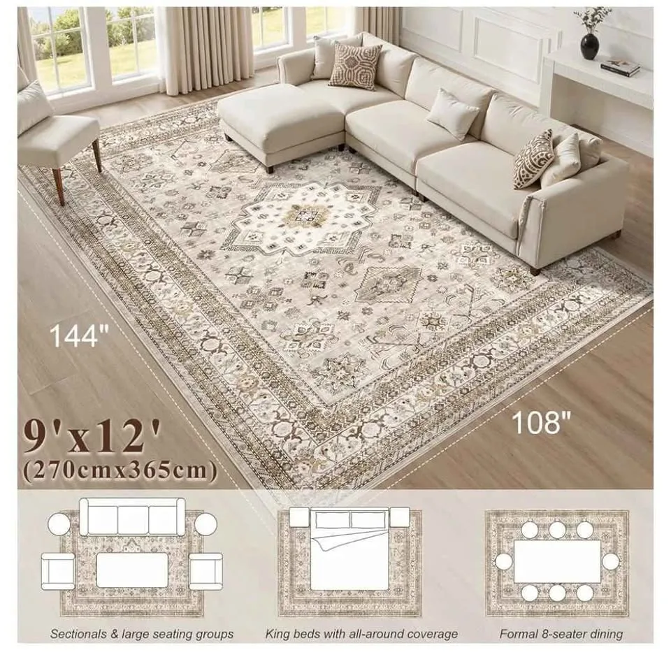 9'x12' Oriental Style Distressed Area Rug - Washable, Beige image indicator(6)