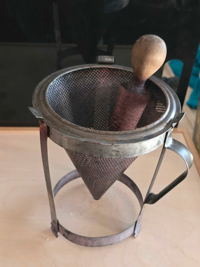 Antique strainer-chinois with vintage pestle