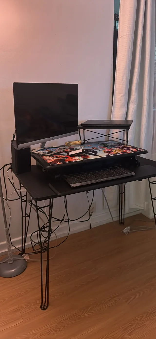 Modern Black Desk + Sit-Stand Riser – Like New thumbnail