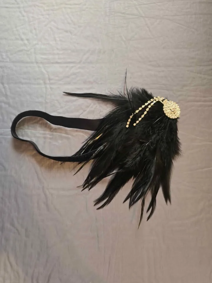 🎃 Halloween Glam Feather Headband – Black & Gold Sparkle ✨🖤 image indicator(2)