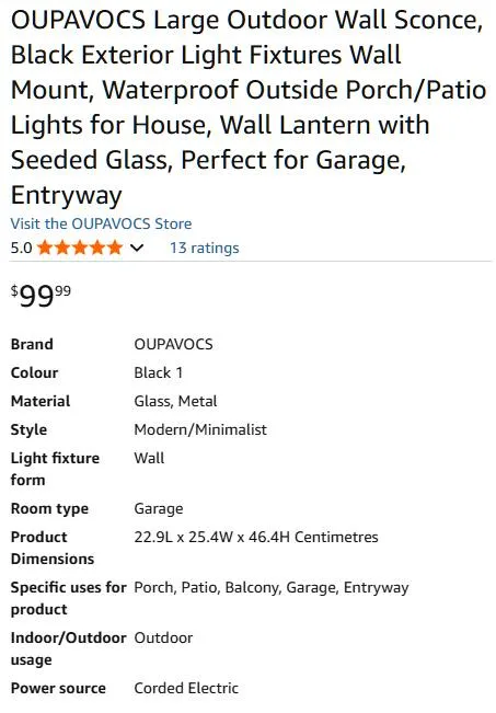 Large outdoor wall sconce (BLACK) porch light image indicator(2)