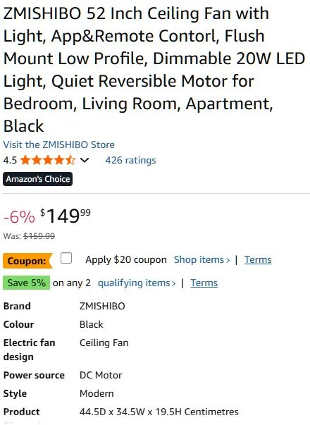 Ceiling fan with lights 52" 5 blades (BLACK) image indicator(2)