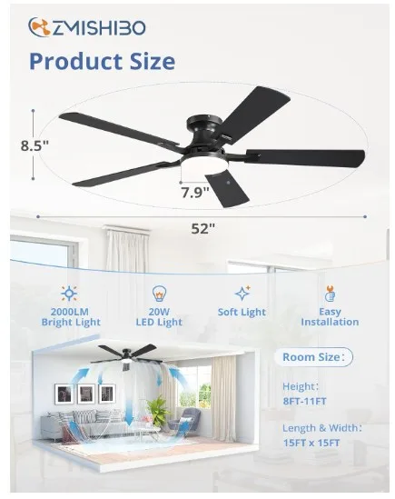 Ceiling fan with lights 52" 5 blades (BLACK) image indicator(8)